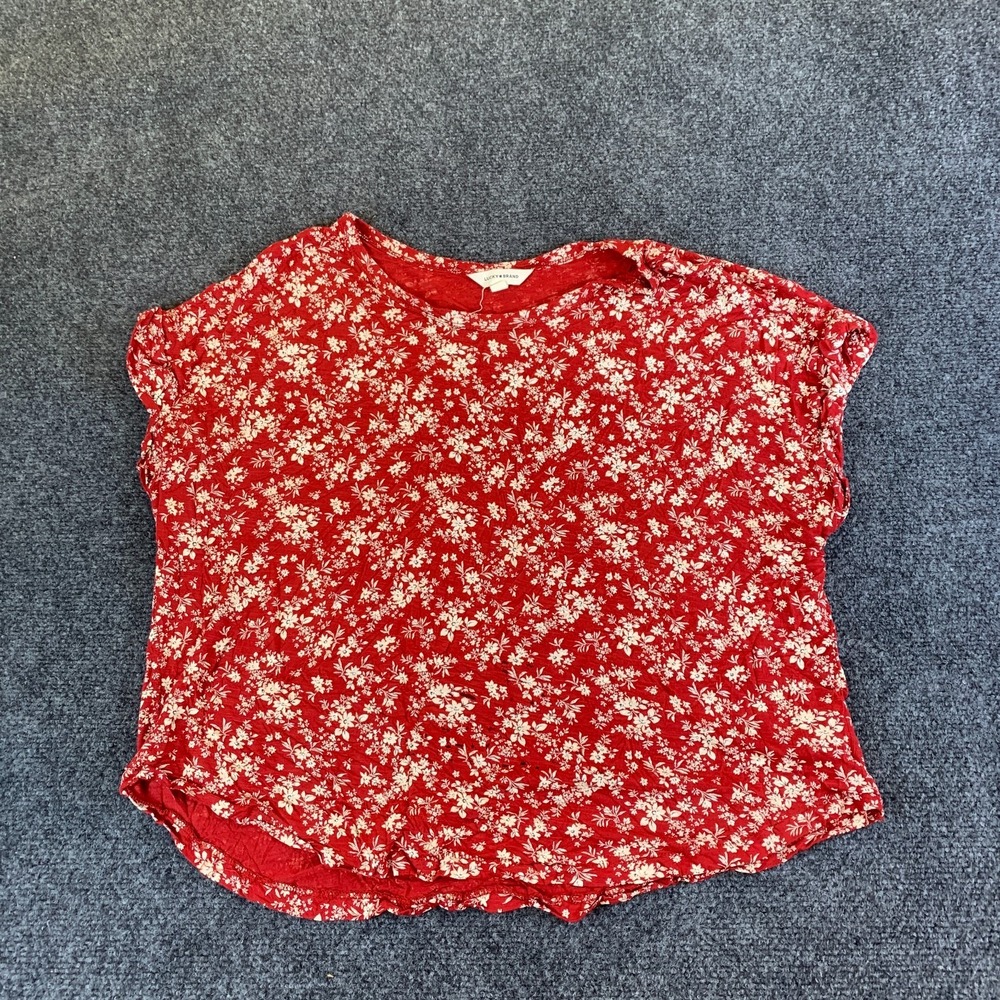 Lucky Brand Blouse Top Women Large Red Beige Floral Viscose Boat Neck Cap Sleeve